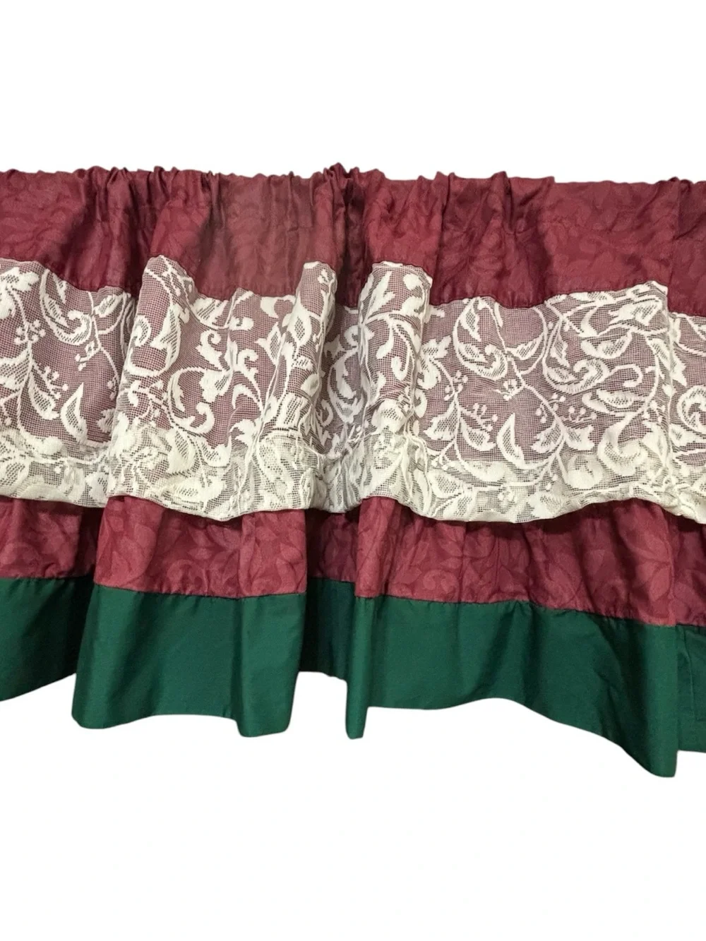 Vint Country Home Valance Ruffle Curtain Multi Tier Burgundy Lace Hunter Green
